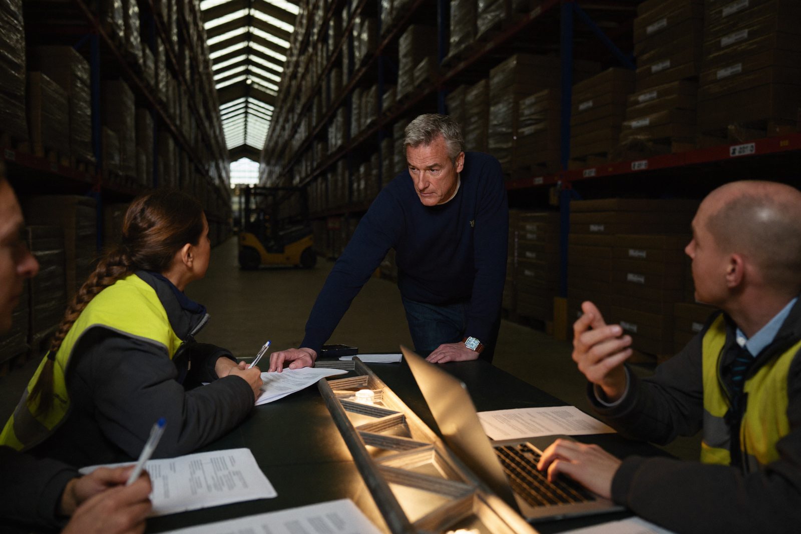 A sales meeting at a trestle table in a working warehouse.